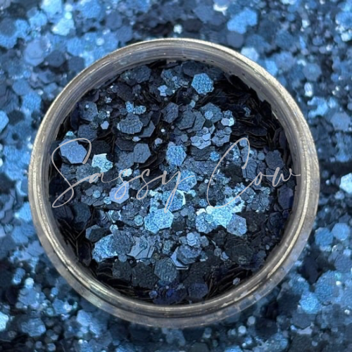 blue glitter is a clear jar