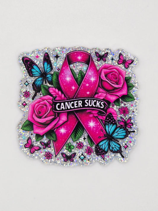 Pink ribbon acrylic flatback with 'Cancer Sucks' text surrounded by roses and butterflies on a white background