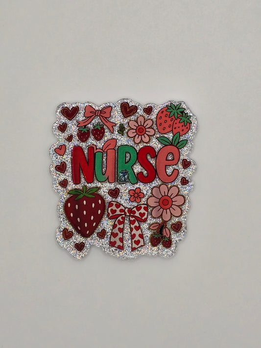 Nurse written in the middle with red and pink strawberries and flowers in a silver glitter background